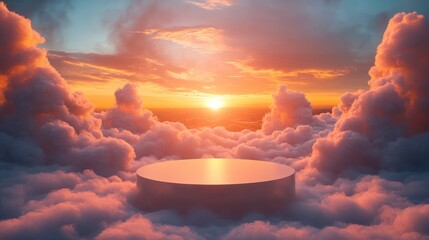 Wall Mural - empty podium surrounded by billowing clouds, with the golden hues of the setting sun shining through