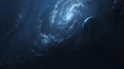 Wall Mural - a swirling nebula in space with a planet on the right side.