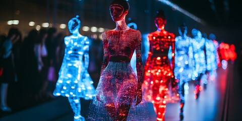 Poster - Holographic fashion show featuring digital models urban venue multimedia event nighttime setting futuristic concept