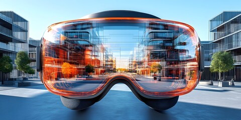 Poster - virtual reality headset showcasing complex business models in urban environment futuristic perspecti