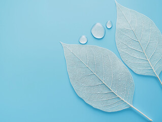 elegant transparent skeleton leaves with water droplets on a blue background – minimalist nature con