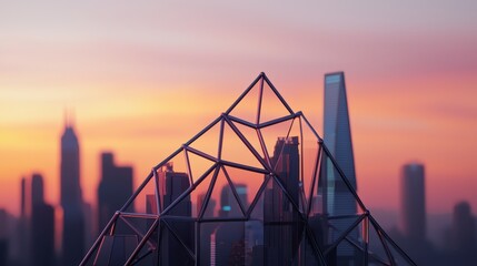 Aufkleber - A modern, geometric structure stands against a vibrant sunset skyline, showcasing a blend of architecture and artistic design.