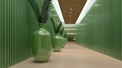 Poster - Modern interior design with green vases contemporary hallway architectural photography minimalist environment straight view