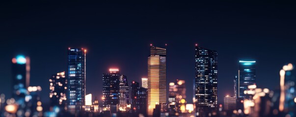 Poster - A vibrant city skyline at night, showcasing illuminated skyscrapers with modern architecture against a dark sky.