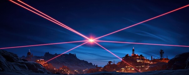 Aufkleber - A futuristic landscape illuminated by intersecting red lasers against a night sky, featuring a distant city skyline and mountains.