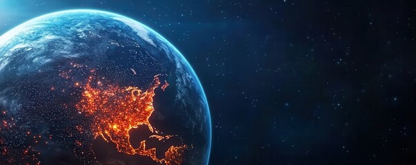 Poster - A stunning view of Earth from space, showcasing illuminated landmasses against a dark, starry background.