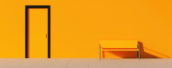 Poster - A vibrant yellow wall features a black door and a matching bench, creating a minimalist, modern aesthetic.