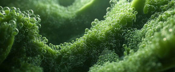 Poster - Close-up of green microbial bacteria or algae with bubbles floating in a liquid environment, representing microbiology, infection, and environmental research.