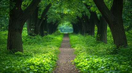 Wall Mural - serene pathway through lush green trees in a tranquil forest setting during daylight
