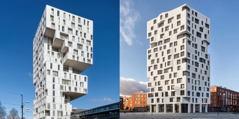 Aufkleber - A modern architectural structure featuring a unique stacked design, characterized by white facades and irregularly placed balconies against a clear blue sky.