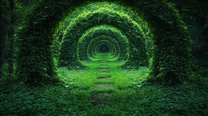 Wall Mural - lush green pathway surrounded by arching ivy in a serene forest environment