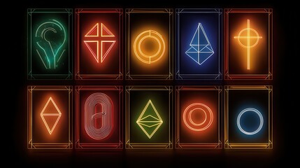 Aufkleber - A vibrant display of neon geometric symbols arranged in a grid, showcasing various shapes and colors against a dark background.