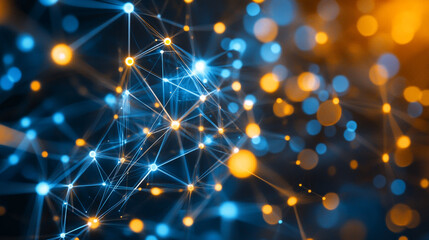 Fototapete - Abstract network connections blue orange glowing dots digital technology background web data lines