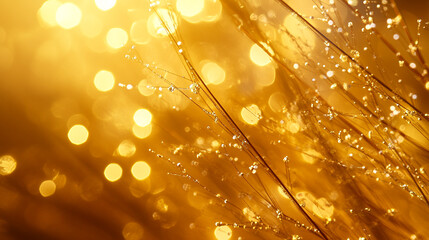 Golden abstract background with sparkling dew drops and bokeh lights art shiny macro style image