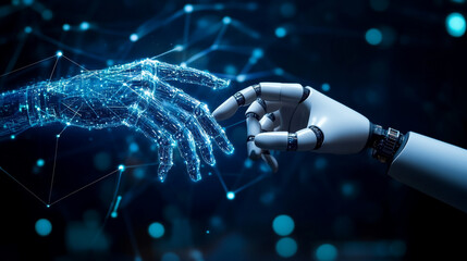 Poster - Digital hand and robotic hand reaching connection technology future blue dark data cyber touch modern