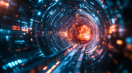 Poster - Abstract digital tunnel with orange and blue glowing lights technology background 3d data neon space