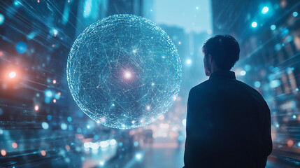 Poster - Man observing futuristic glowing network sphere in city digital technology global connection data