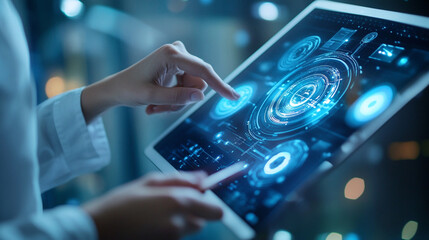 Poster - Woman using a futuristic tablet with glowing blue interface technology digital innovation app hand