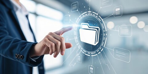 Poster - A person interacts with a digital interface, showcasing a folder icon, representing data management and modern technology solutions.digital file and folder,searching data in a folder on a digital scre