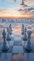 Poster - A surreal scene of a chessboard floating above the clouds at sunset with white chess pieces reflecting on the glass-like surface, symbolizing strategy and imagination.