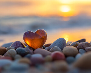 Aufkleber - A heart-shaped amber stone rests among smooth pebbles on a beach, illuminated by the golden light of a setting sun, symbolizing love, nature, and serenity.