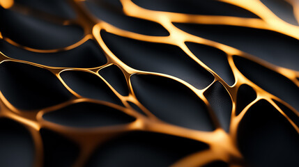 Poster - In a captivating display, intricate organic designs evoke the beauty of plant growth, showcasing dynamic patterns of golden lines against a deep black background, merging nature with technology