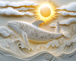 Poster - A paper cut-out artwork of a whale with floral patterns, waves, and a lighthouse beneath the sun. This artistic design symbolizes harmony with nature, creativity, and serenity.
