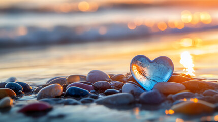 Poster - A vibrant blue heart-shaped stone resting on colorful smooth pebbles by the shoreline, symbolizing love, peace, and serenity with a calming sunset backdrop.
