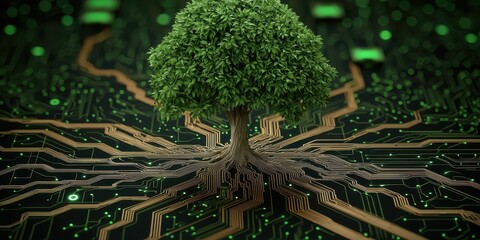 Poster - A green tree emerges from a circuit board, symbolizing the fusion of nature and technology, highlighting sustainability and digital growth.