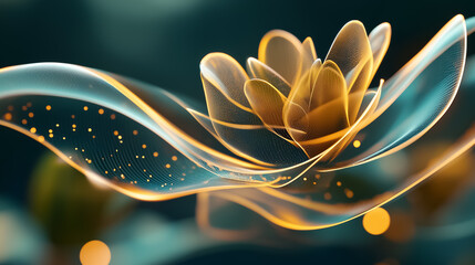 Poster - Winding ribbons pulse with energy, resembling natural plant forms in a vibrant digital environment. Golden tendrils evoke the essence of growth and vitality, inviting exploration