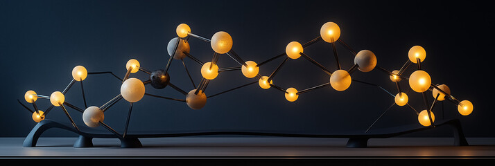 Poster - A stunning display of artistic lighting mimics molecular structures, featuring glowing orbs and interconnected forms. The piece transforms the ambiance of a contemporary room during the evening
