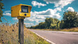 © Ірина Пальцева - A yellow speed camera is seen beside the road with a blue cloudy sky in the background. The camera is there to monitor vehicle speed to enforce regulations.