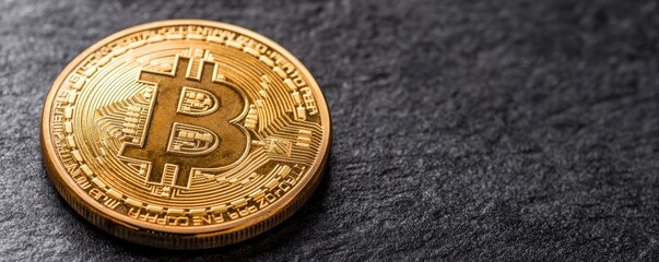 Poster - A close-up of a Bitcoin on a dark surface, highlighting its intricate design and golden color.