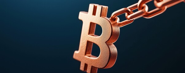 Poster - A close-up of a Bitcoin symbol linked to a chain, representing cryptocurrency, security, and the concept of digital assets.