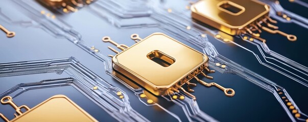 Poster - A close-up of a circuit board featuring golden microchips and intricate pathways, emphasizing technology and innovation.