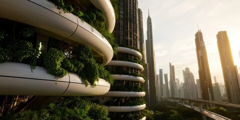 Poster - A futuristic urban landscape featuring green architecture, towering skyscrapers, and lush vegetation, illuminated by warm sunlight.
