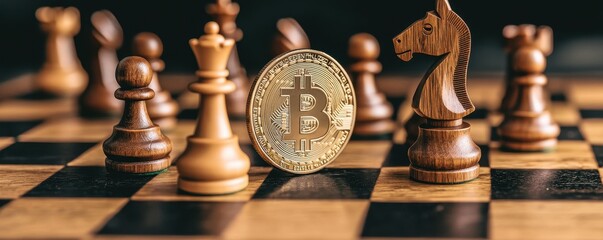 Poster - A golden Bitcoin stands prominently on a chessboard, surrounded by wooden chess pieces, symbolizing strategy and digital finance.