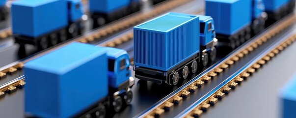 Poster - A close-up view of miniature blue trucks transporting cargo along a set of tracks, illustrating a logistics or transportation theme.
