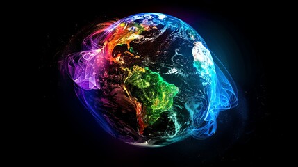 Poster - A 3D rendering of Earth with glowing colorful lights.
