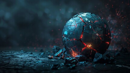 Poster - A cracked sphere with an orange glow and sparks inside, on a dark background.