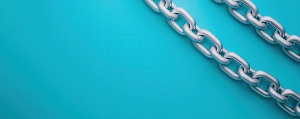 Poster - A close-up of shiny metal chains against a vibrant turquoise background, emphasizing texture and color contrast.
