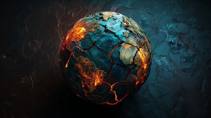 Poster - A digital illustration of a cracked Earth globe with orange glowing lines.