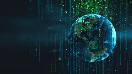 Poster - A digital rendering of the earth with glowing blue and green lights, with a futuristic feel.