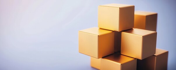Poster - A stack of yellow cubes creates a simple, abstract composition against a soft blue background, emphasizing geometric shapes and minimalism.