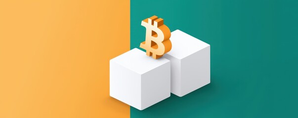 Poster - A stylized Bitcoin symbol sits atop two white blocks, set against a vibrant orange and green background, symbolizing the digital currency's prominence.