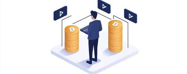 Fototapete - A person stands in front of two columns of coins, interacting with digital screens that display video icons, suggesting a decision-making process related to finance or content.