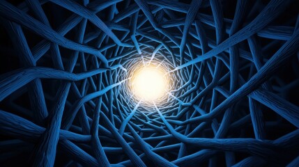 Poster - A mesmerizing view of blue intertwined branches leading to a bright light at the center, creating an illusion of depth and mystery.