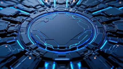 Poster - A futuristic, circular design with glowing blue accents and a sleek, dark surface, suggesting technology or advanced machinery.