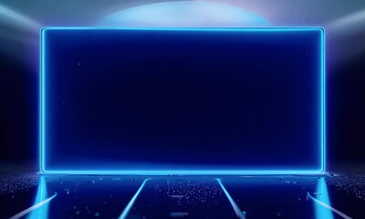 Wall Mural - dark blue neon rectangle over a reflective, liquid-like surface, with pulsating spatial distortions around it