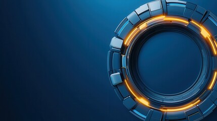 Aufkleber - A futuristic circular design with metallic textures and glowing orange accents against a blue background.